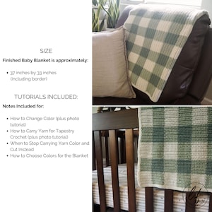 This image includes important information such as the size of the blanket and the tutorials included. There are also two pictures of the sample on the right.