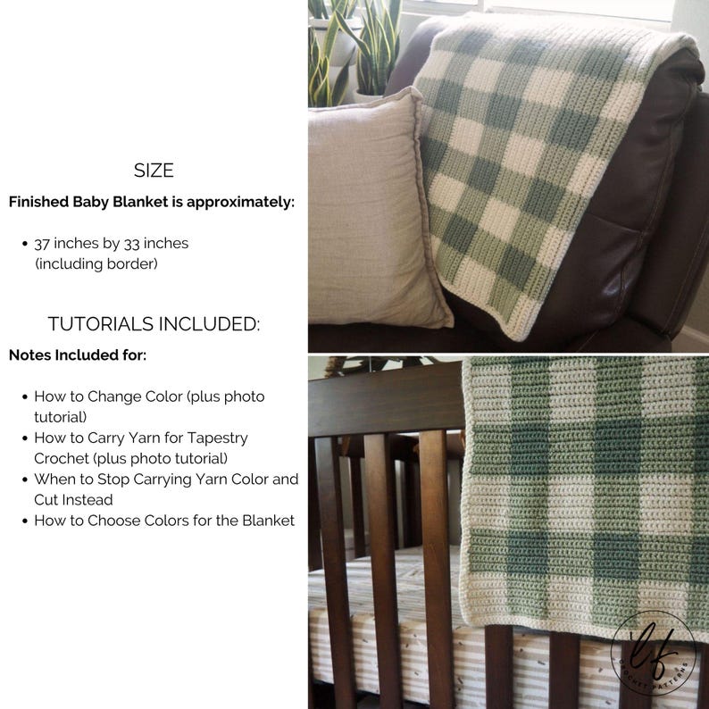 This image includes important information such as the size of the blanket and the tutorials included. There are also two pictures of the sample on the right.