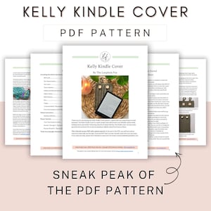 This image shows a sneak peak of this crochet kindle cover pattern. In the image are 5 pages, showing the cover page and a preview of 4 other pages so you can get a clear idea of what you're purchasing.
