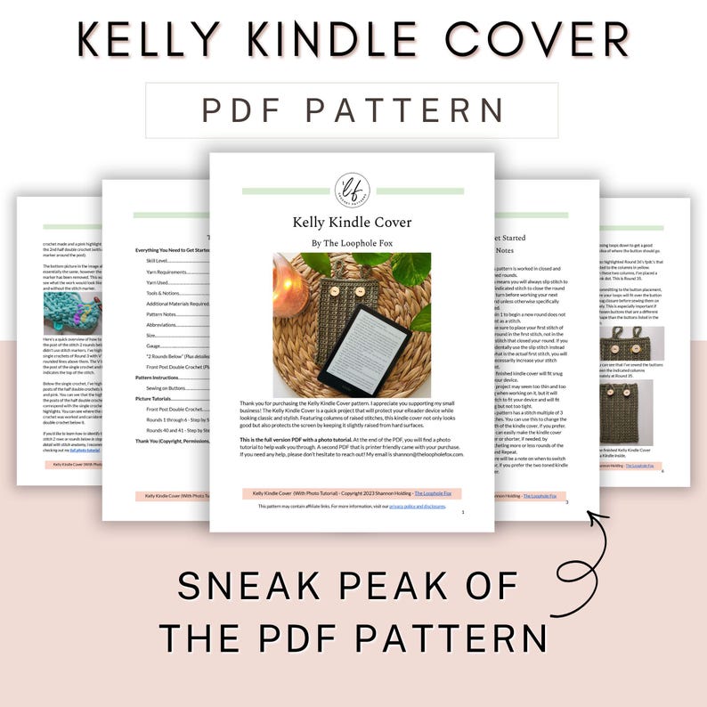 This image shows a sneak peak of this crochet kindle cover pattern. In the image are 5 pages, showing the cover page and a preview of 4 other pages so you can get a clear idea of what you're purchasing.