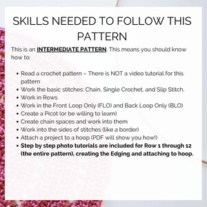 This image describes the skills you will need to follow this crochet wall hanging pattern.