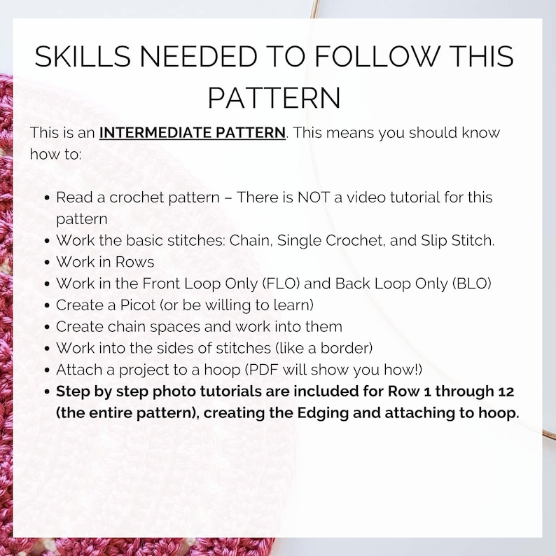 This image describes the skills you will need to follow this crochet wall hanging pattern.