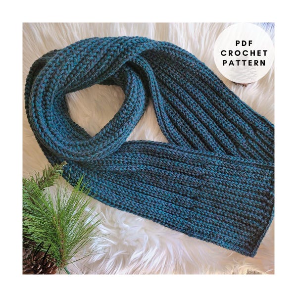 Ribbed Crochet Scarf Pattern PDF with gender neutral and classic faux knit texture