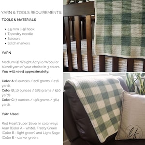 This image includes information about the pattern such as tools needed and yarn used on the left and two pictures of the crochet baby blanket on the right.