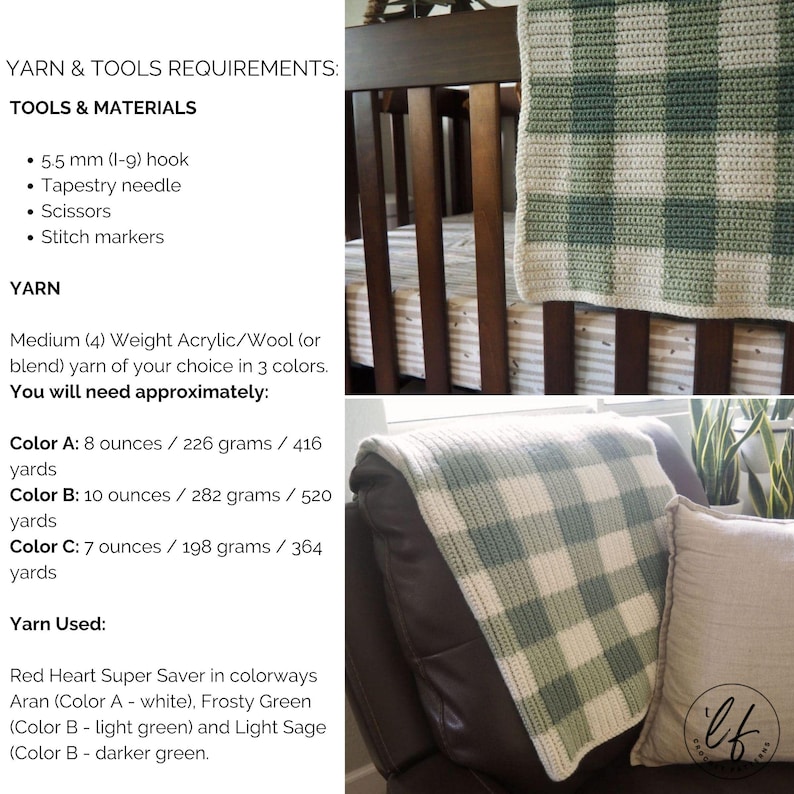 This image includes information about the pattern such as tools needed and yarn used on the left and two pictures of the crochet baby blanket on the right.