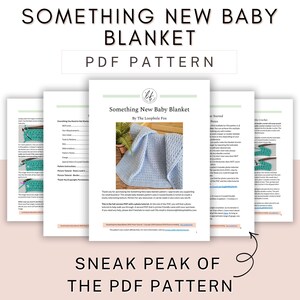 This image shows a sneak peak of this easy crochet baby blanket pattern. In the image are 5 pages, showing the cover page and a preview of 4 other pages so you can get a clear idea of what you're purchasing.