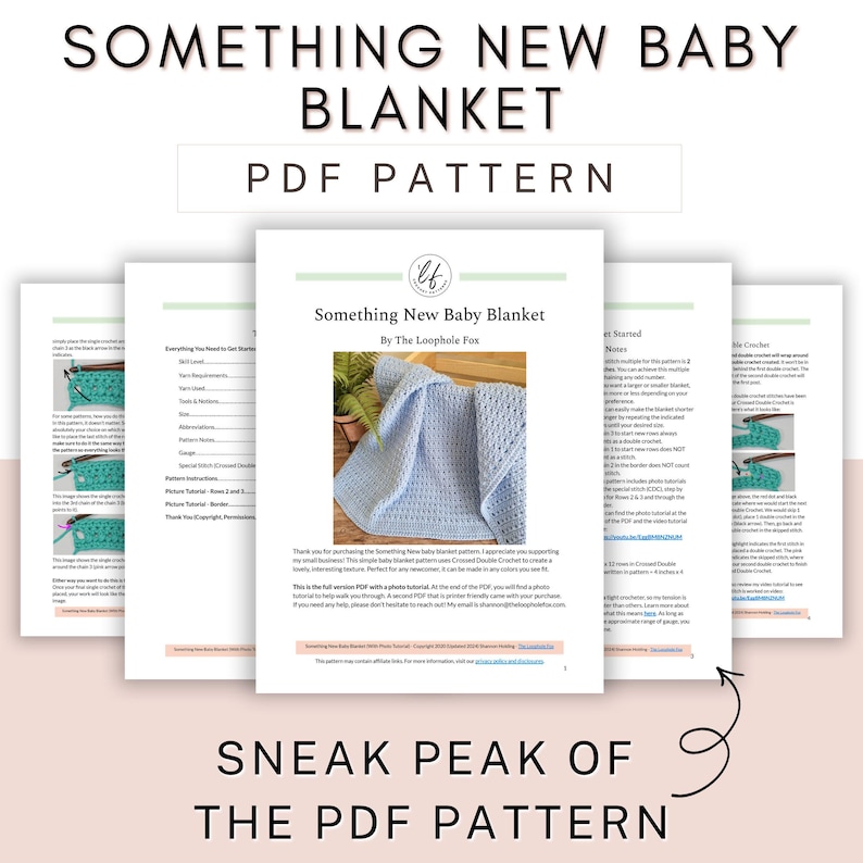 This image shows a sneak peak of this easy crochet baby blanket pattern. In the image are 5 pages, showing the cover page and a preview of 4 other pages so you can get a clear idea of what you're purchasing.