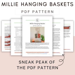 This image shows a sneak peak of this crochet hanging basket pattern. In the image are 5 pages, showing the cover page and a preview of 4 other pages so you can get a clear idea of what you're purchasing.