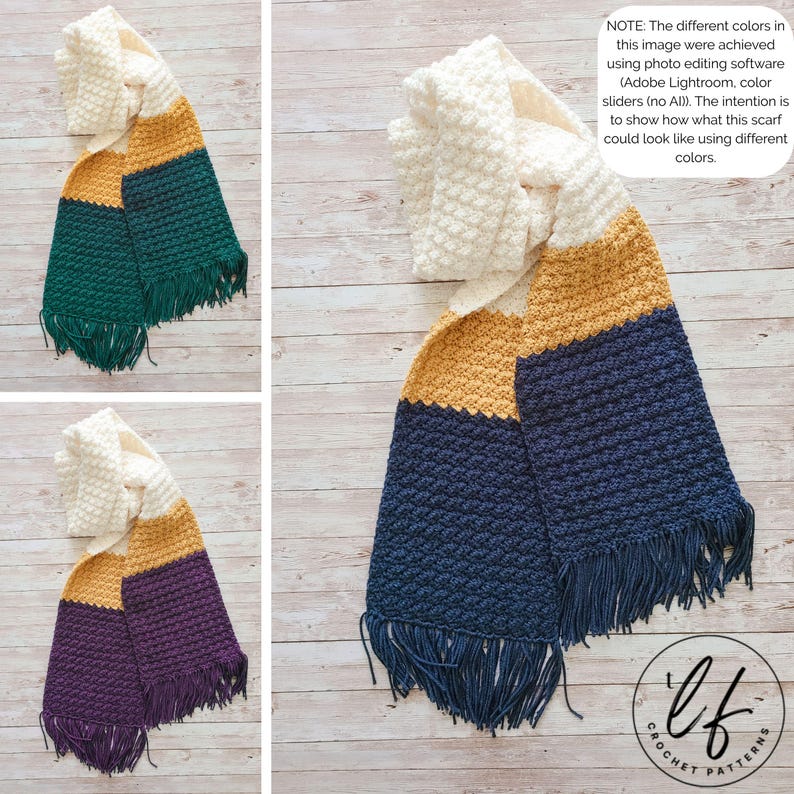 This image shows a sample made from this crochet color block scarf pattern. This image has 3 photos, two of which have been altered in photo editing software to show what this unisex scarf pattern would look like in different colors. The scarves are made in blue, yellow, green, purple and white and laid flat on a faux wood background.