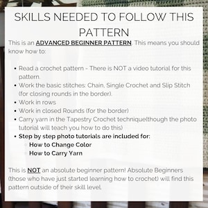 This image is a list of the skills you'll need to follow this gingham crochet baby blanket pattern.