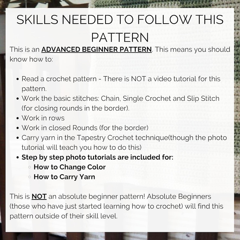This image is a list of the skills you'll need to follow this gingham crochet baby blanket pattern.