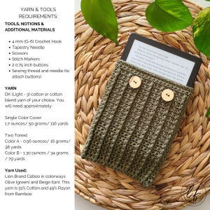 This image has important information such as the yarn and tool requirements for this crochet kindle cover pattern, as well as a of picture of the crochet kindle case with a kindle halfway inside.