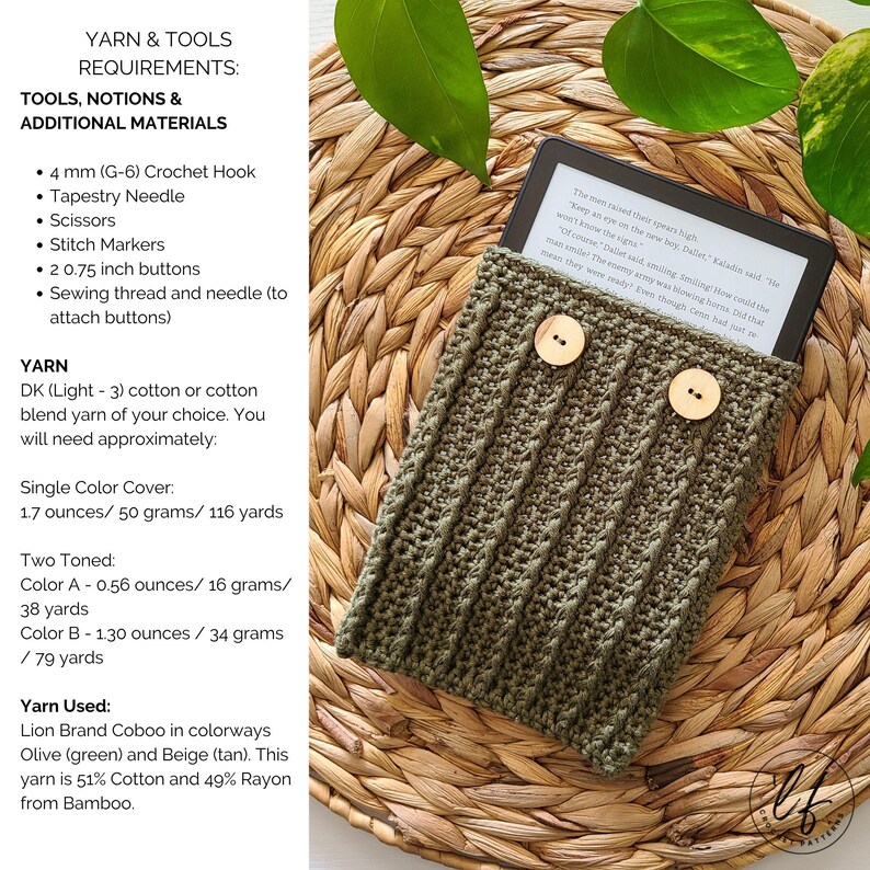This image has important information such as the yarn and tool requirements for this crochet kindle cover pattern, as well as a of picture of the crochet kindle case with a kindle halfway inside.