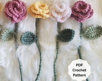 Crochet Rose Pattern PDF, Crochet Roses with Stem, Crochet Flower Pattern, Easy Crochet Valentine's Day