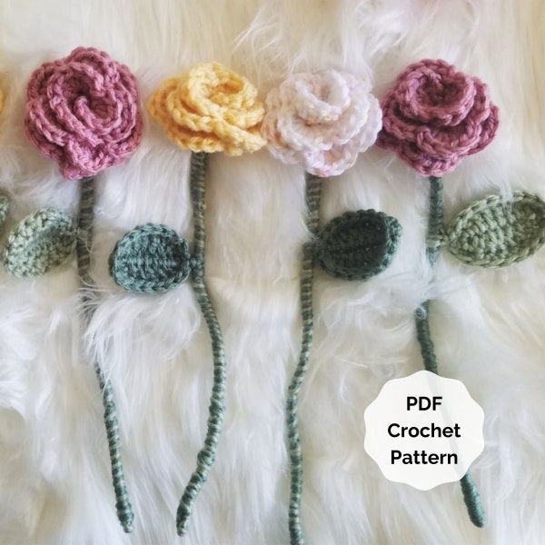 Crochet Rose Pattern PDF, Crochet Roses with Stem, Crochet Flower Pattern, Easy Crochet Valentine's Day