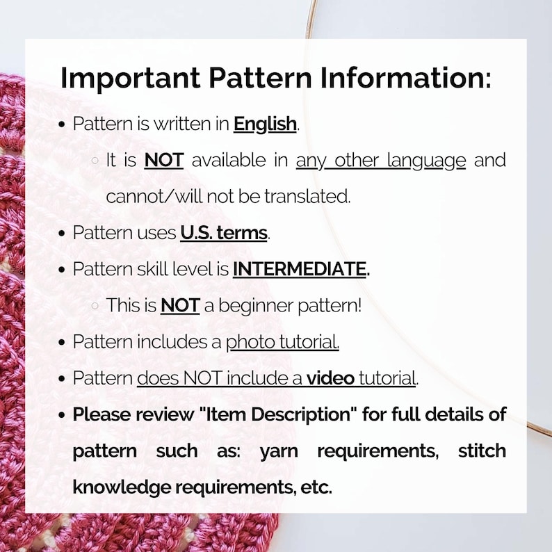 This image describes important information about this boho crochet wall hanging pattern such as the language (UNITED STATES ENGLISH ONLY), the skill level, etc.