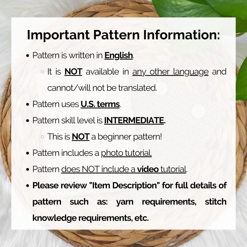 This image describes important information about this crochet kindle cover pattern such as the language (UNITED STATES ENGLISH ONLY), the skill level, etc.
