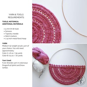 This image has important information such as the yarn and tool requirements for this crochet wall decoration pattern, as well as 2 of pictures of this crochet wall decor.