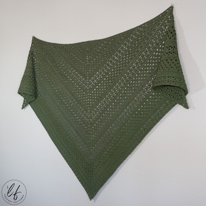 This image shows the crochet triangle shawl tacked to a white wall.
