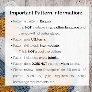 This image describes important information about this Star baby blanket crochet pattern such as the language (UNITED STATES ENGLISH ONLY), the skill level, etc.