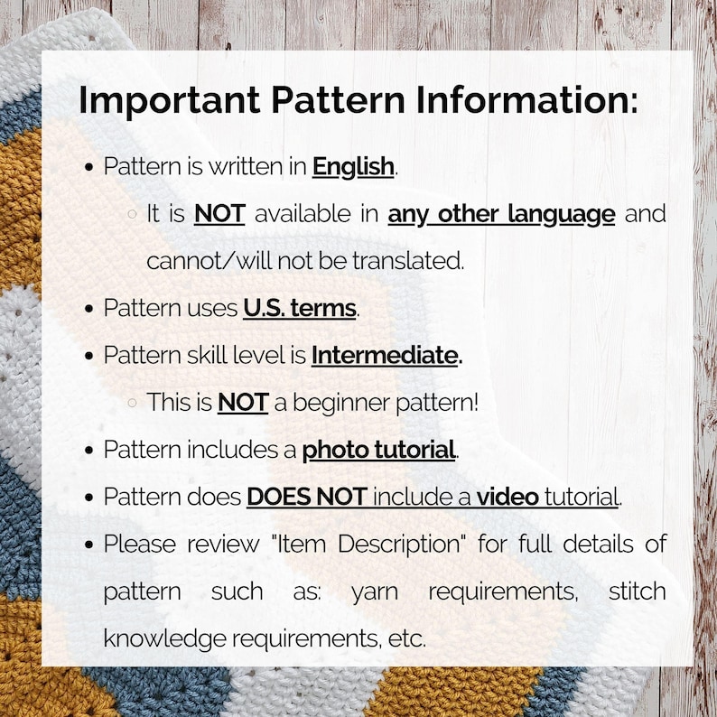 This image describes important information about this Star baby blanket crochet pattern such as the language (UNITED STATES ENGLISH ONLY), the skill level, etc.