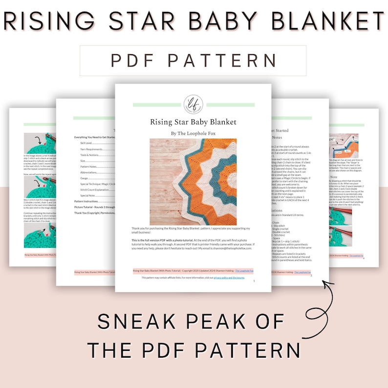 This image shows a sneak peak of this 12 point star baby blanket crochet pattern. In the image are 5 pages, showing the cover page and a preview of 4 other pages so you can get a clear idea of what you're purchasing.