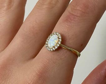 Gold Opal Ring | Halo Opal Ring with 10k Yellow Gold | Women’s Genuine Opal Ring with Solid Gold