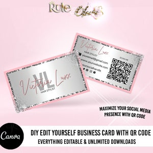 Cartes de visite bricolage QR code, modèle de conception de carte de visite modifiable, carte numérique imprimable à scanner, carte de visite beauté cheveux canva SKU002