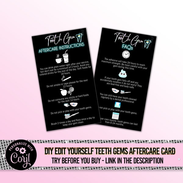 Tooth Gems Aftercare Card, Printable Teeth Jewel Care Template, Editable Teeth Crystal Care Guide, Downloadable Teeth Gem Care Note