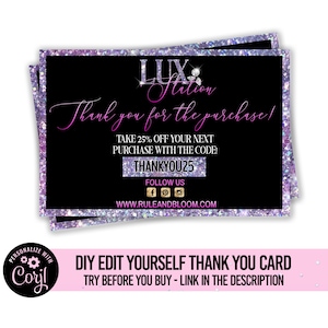 Thank you Business Cards, DIY Glitter Thank you Flyer, Social Media Flyer Templates, Editable Marketing Thank you for order card design