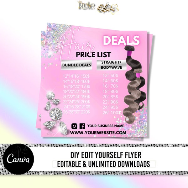 DIY Hair Price List Flyer,Hair Pricing List Flyer,Hair Bundles Flyer,Pricelist Flyer,Social Media Branding, Premade Instagram post SKU003