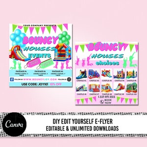 以下が含まれることがあります： プライベートイベントと企業イベントの両方で、トランポリンハウスのレンタルを宣伝するピンクとグリーンのチラシ。チラシには、城や滑り台など、さまざまなトランポリンハウスが掲載されています。チラシには、会社のウェブサイトと電話番号、割引コードも記載されています。