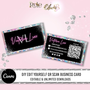 Holografische QR-Code-Visitenkarten, bearbeitbare Visitenkarten-Designvorlage, druckbare digitale Scankarte, Beauty Lash Hair Canva-Visitenkarte