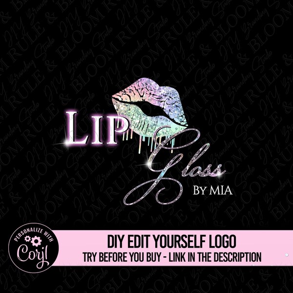 Lip gloss Logo design, Lipgloss beauty Logo, DIY Lips logo template, glitter business logo, Cosmetics Logo Template, Editable Glam Logo