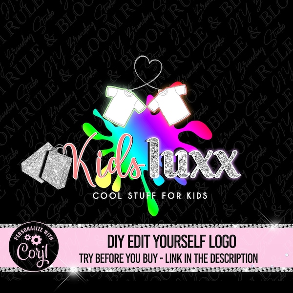 Kids Boutique Logo design, Children fashion logo template, Glitter diamond logo, premade glam template, design branding, kids clothes design