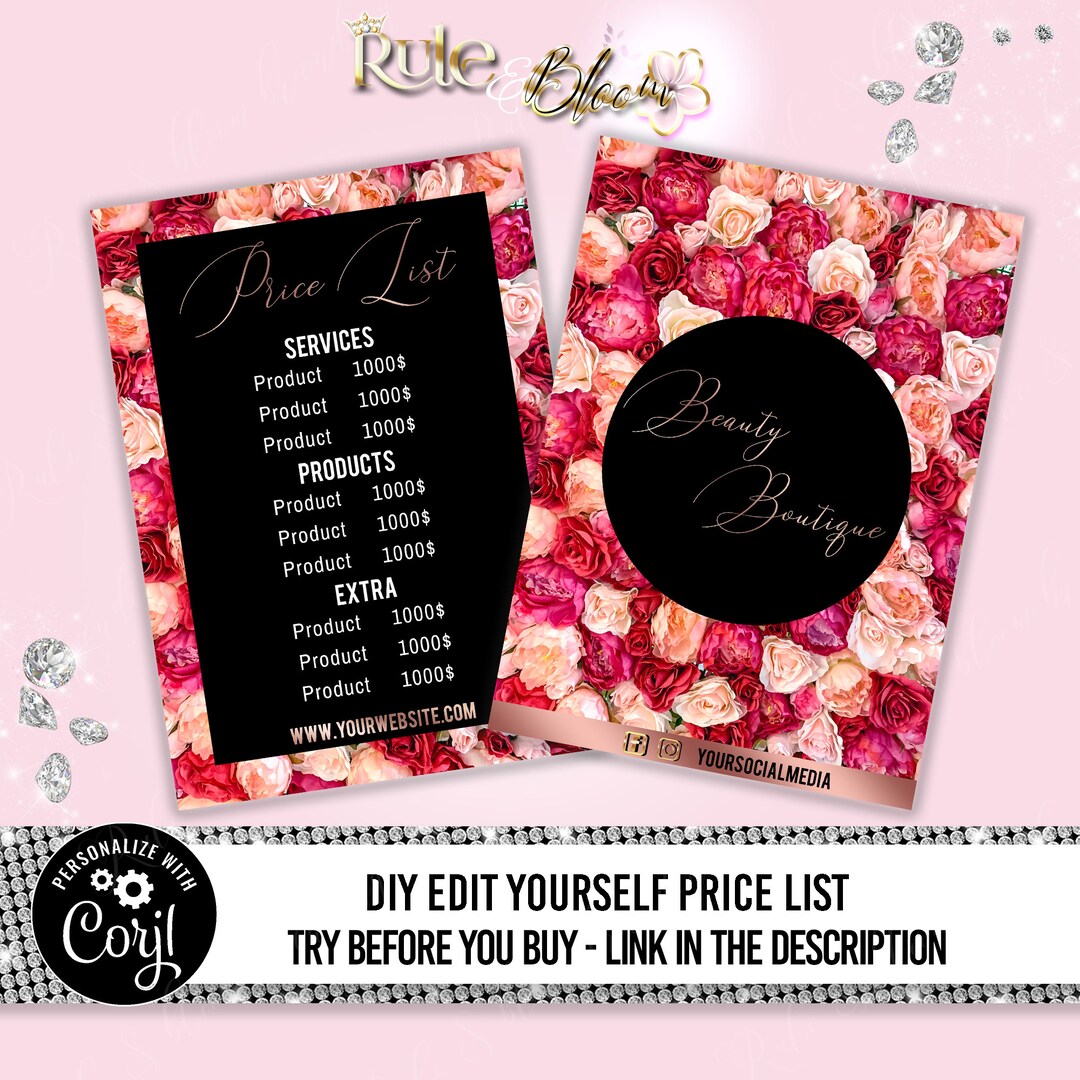 Price List Template, Diy Hair Wig Price List, Bakery Small Business