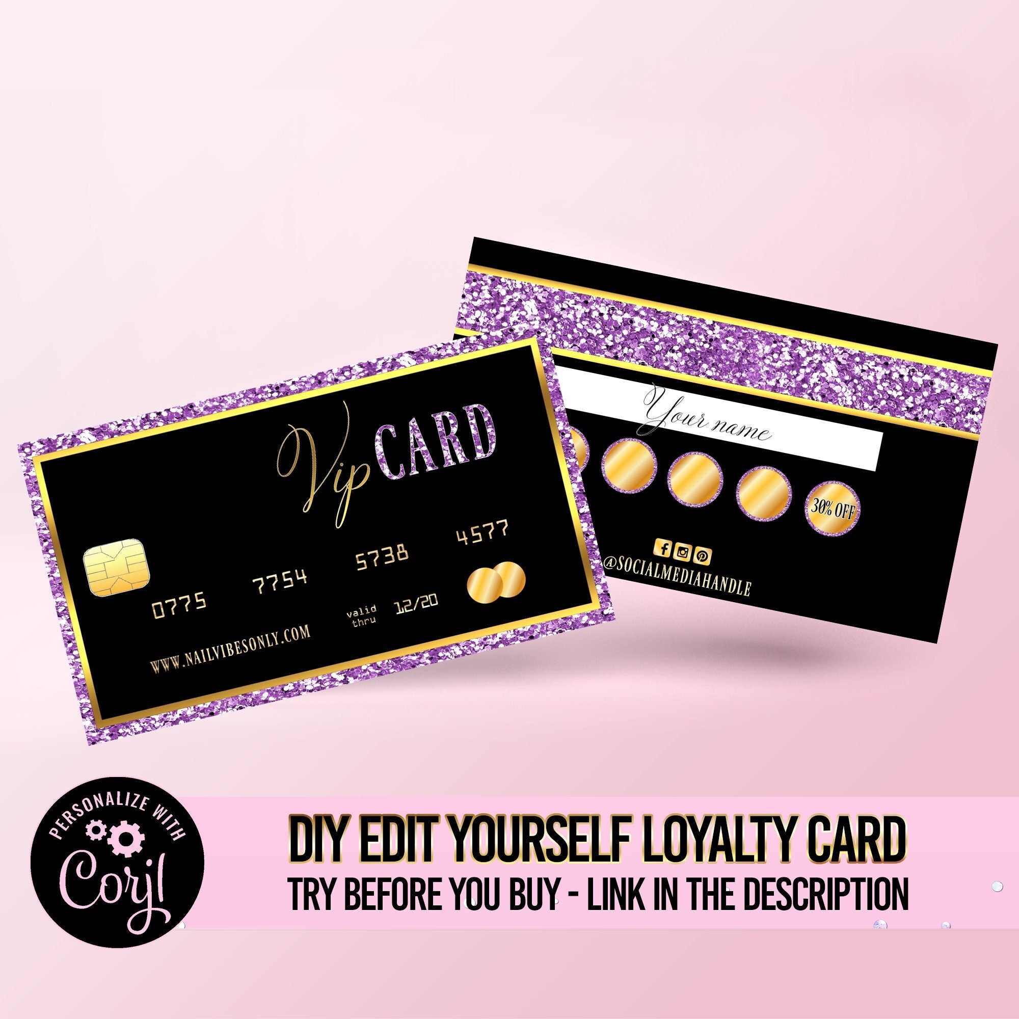 LOYALTY CARD template, Referral Business Cards, Discount cards template, Diy credit card design, nail, hair stylist printable digital sku010