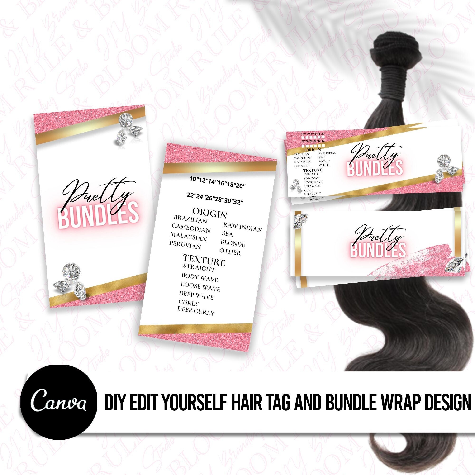 Hair Bundle Wraps and Hair Hang Tag, Hair Bundle Hang Tags, Hair Care Hang Tags, Hair Extension Hang Tags, DIY Hair Tag Wrap design Template
