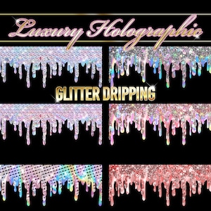 HOLOGRAPHIC GLITTER DRIPPING, Glitter Drips Clipart, Sparkling Shiny Overlays, Dripping Diamonds Clip art for wedding, birthday designs