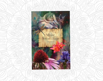 Puede incluir: Una carta de la baraja del oráculo Mystic Augur Sage que presenta una libélula, una corona y una variedad de flores, incluyendo una equinácea púrpura, un lirio rojo y naranja y un iris púrpura.