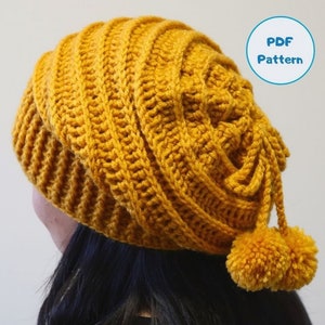 PDF Crochet Pattern - Slouchy Hat With Pom Pom, Winter Hat, Crochet Slouchy Beanie