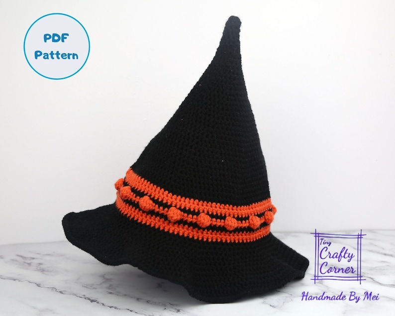 PDF Virkmönster - Virkad häxhatt, Halloweenhatt Virkmönster för barn till vuxna (6 storlekar) bild 1