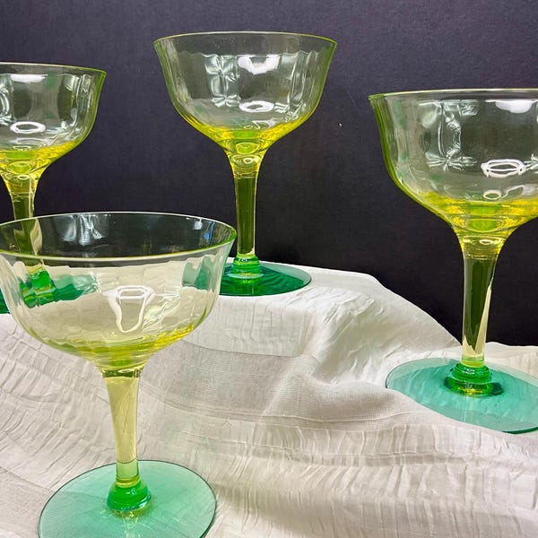 Utility Glass Works Tall Champagne Sherbets, Set of Four(4), UGWS-02, Stemmed Narrow Optic Champagne, Vaseline, Uranium Glass, c1920-1929