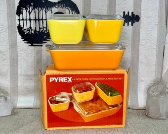 Vintage Pyrex Daisy Refrigerator Casserole 8 piece set, New In Box, Refrigerator Set, Daisy Sunflower, New in Box, Citrus Orange Yellow