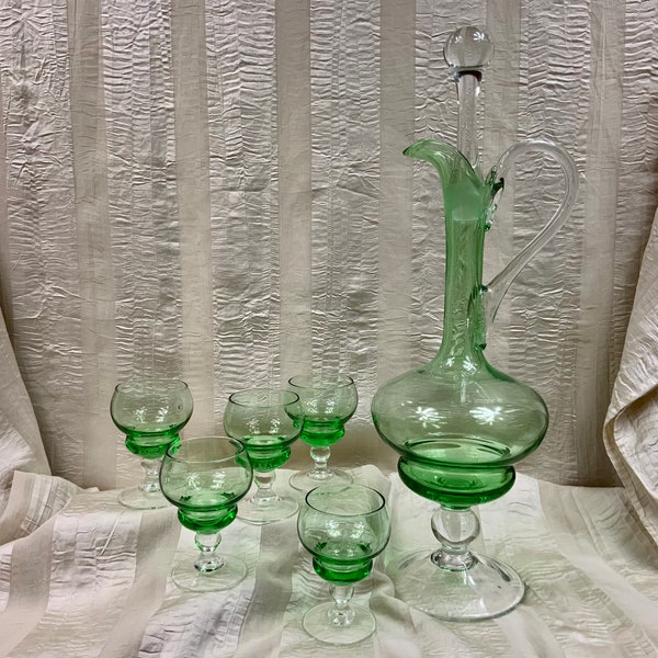 Bohemian Hand Blown Green and Crystal Decanter Cordial Set, Decanter and Five(5) Stemmed Cordials, Bohemian Art Glass, Green Art Glass