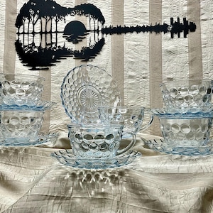 Vintage Anchor Hocking Sapphire Blue Bubble Pattern, Cup and Saucer set of 6, c1940s