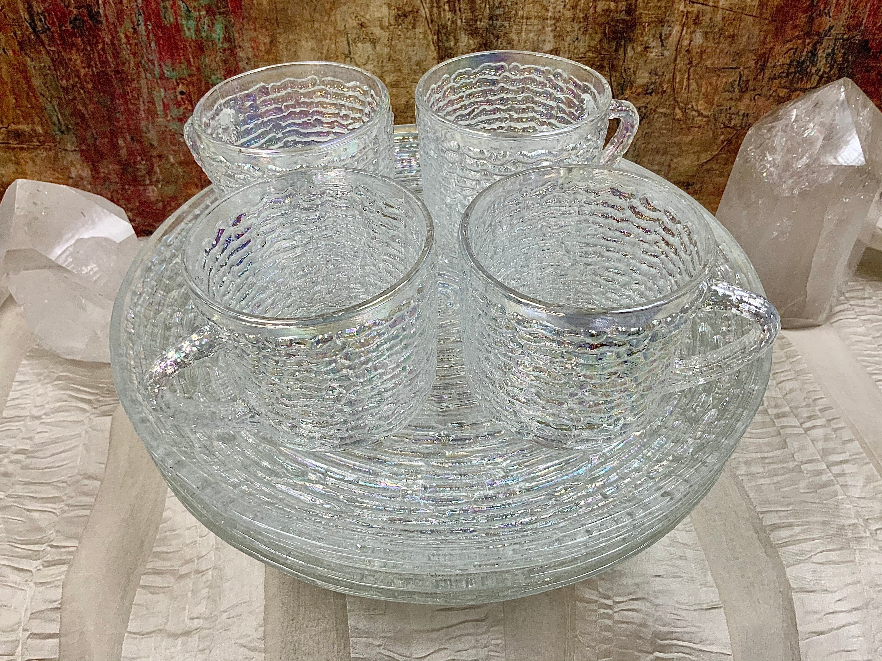 【希少】 Anchor Hocking Aurora Snack Set 8点 Vintage Anchor Hocking Aurora Iridescent 8-piece Snack Set in