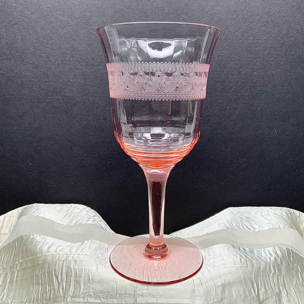 Vintage Pink Water Wine Goblet with Narrow Vertical Optic Panels and Etch Pattern, 8oz Wine Glass, Depression Pink, Tulip Bowl, Loop Etch