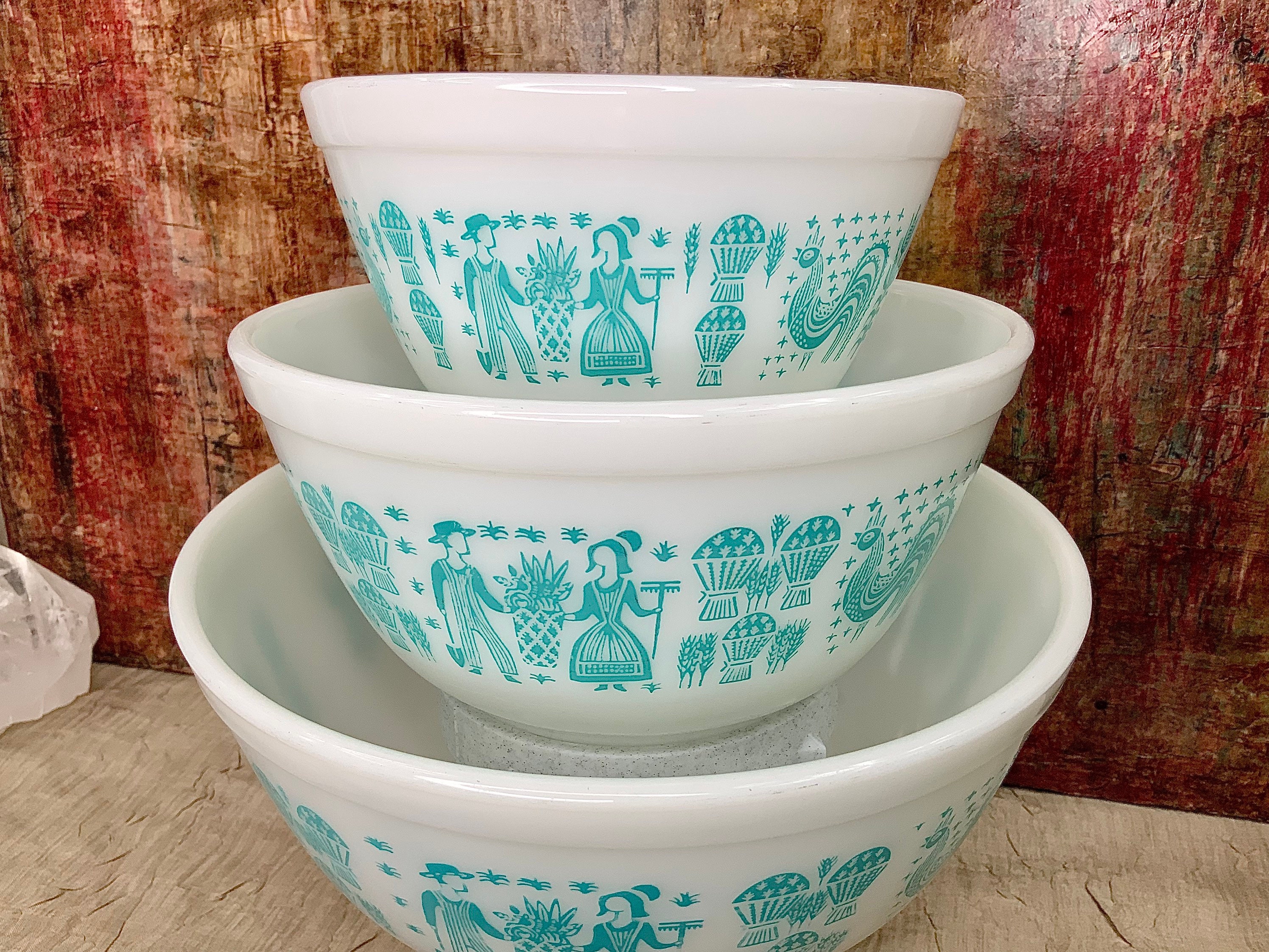 Vintage Pyrex Butterprint Mixing Bowls, Set of 3, Turquoise Amish