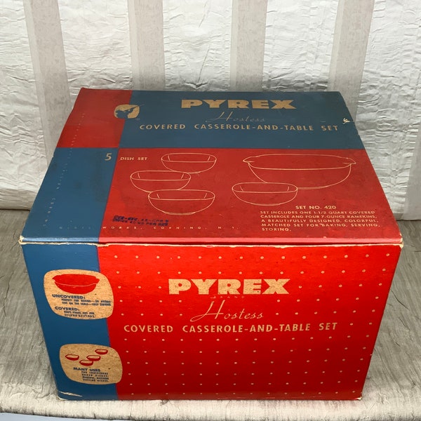 Pyrex Hostess Set, New In Box, Covered Casserole with Ramekins, Red Pyrex, 1940s Pyrex, Red Covered Casserole, Red Ramekins, Made in USA